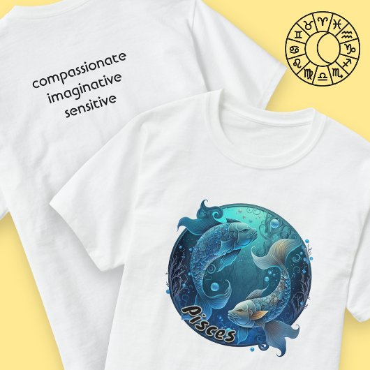 魚座ティール(緑がかった色)とブラックウォーター色〔占星術の〕十二宮図Tシャツ Tシャツ