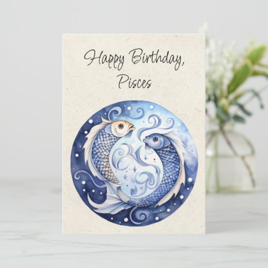 魚座フィッシュ〔占星術の〕十二宮図水彩誕生日フラットカード (スタンド正面)