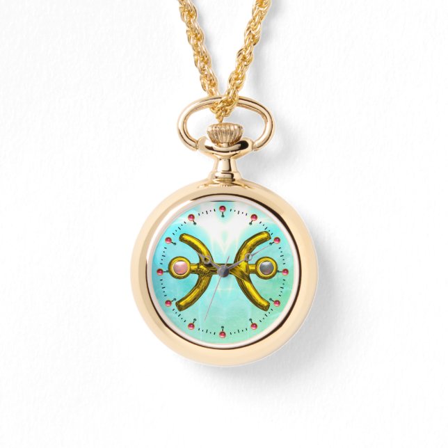 魚座金ゴールド〔占星術の〕十二宮図誕生日ジュエルピンクパール 腕時計 (正面)