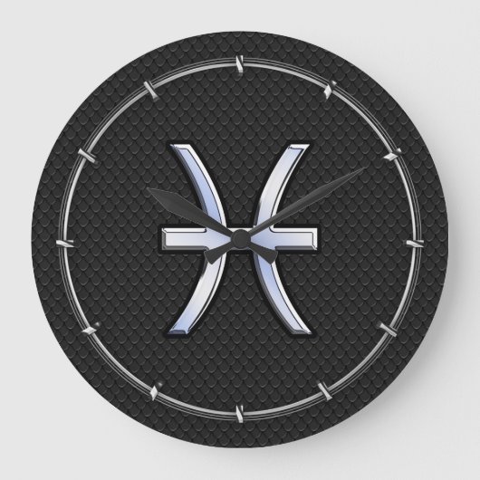魚座〔占星術の〕十二宮図のシンボルオンブラックスネークスキンデコール ラージ壁時計 (正面)