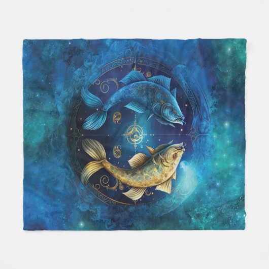 魚座〔占星術の〕十二宮図サインウォーター色デザイン フリースブランケット (正面(横))
