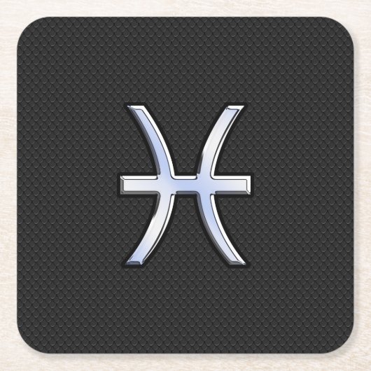 魚座〔占星術の〕十二宮図サインオンブラックスネークスキンデコール スクエアペーパーコースター (正面)