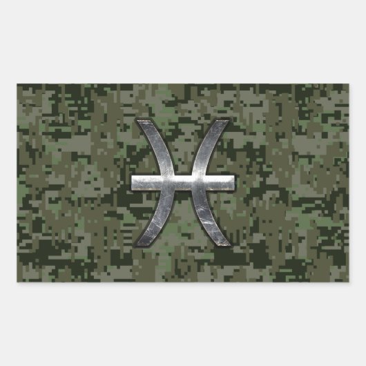 魚座〔占星術の〕十二宮図シンボルウッドランドグリーンデジタル迷彩柄 長方形シール (正面)