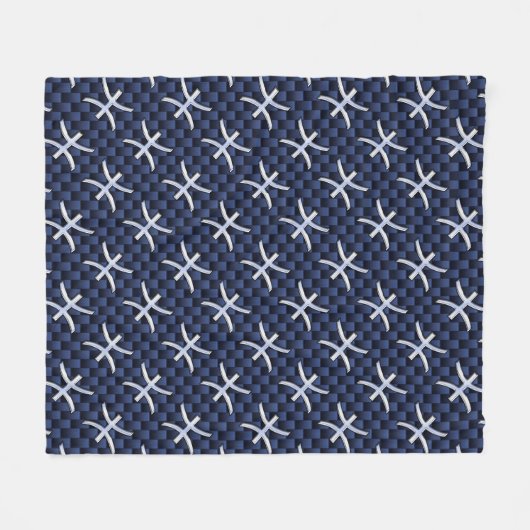 魚座〔占星術の〕十二宮図シンボルネイビーブルーカーボンファイバープリント フリースブランケット (正面(横))