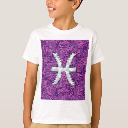魚座〔占星術の〕十二宮図シンボル明るい赤紫色ピンクデジタル迷彩柄 Tシャツ (正面)