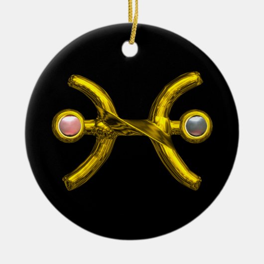 魚座〔占星術の〕十二宮図誕生日ジュエルピンクホワイトパール金ゴールド セラミックオーナメント (正面)