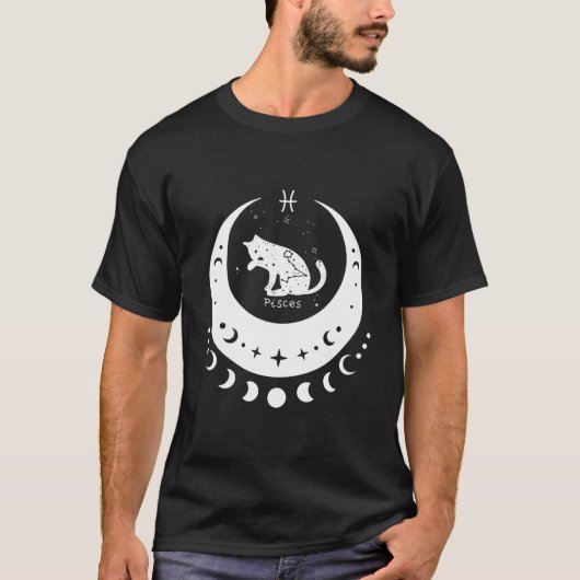 魚座 占星術 サイン 猫 三日月 Tシャツ (正面)