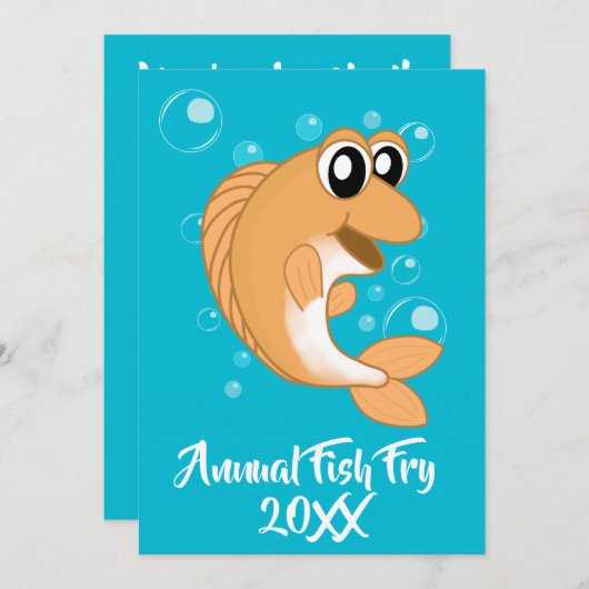 魚揚げシーフード煮パーティーとオレンジ黄色の魚 招待状 (正面/裏面)