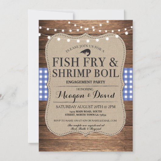 魚揚げ物の婚約の青いシャワーのエビの沸騰 招待状 (正面)