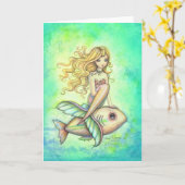 魚旅行かわいい人魚および魚のファンタジーの芸術 カード (黄色い花)