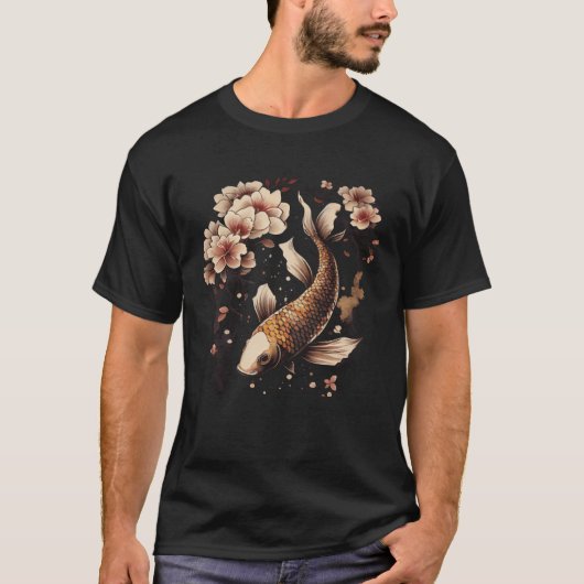 魚日本のコイ鯉グラフィックヴィンテージさくらんぼBlos Tシャツ (正面)