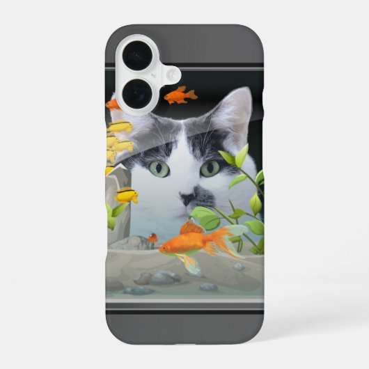 魚槽を覗く猫の写真入りカスタムグッズ iPhone 16ケース (裏面)
