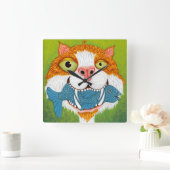 魚熱狂する時計付き猫 スクエア壁時計 (ホーム)