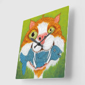 魚熱狂する時計付き猫 スクエア壁時計 (傾斜)