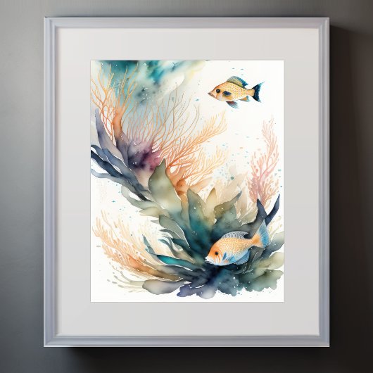 魚絵画の水色 ポスター