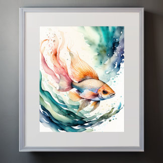 魚絵画の水色 ポスター