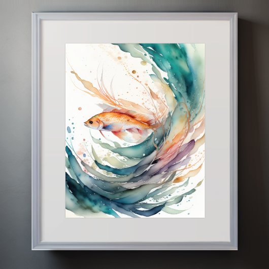 魚絵画の水色 ポスター