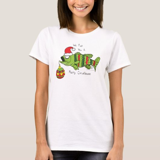 魚釣りおもしろいクリスマスバスフィッシュかわいい漫画 Tシャツ (正面)