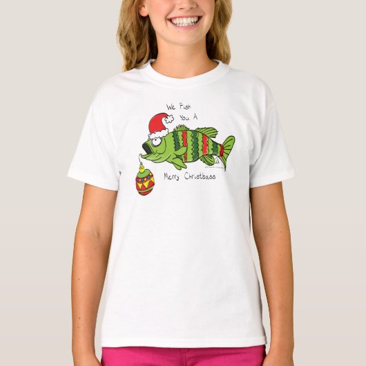魚釣りおもしろいクリスマスバスフィッシュかわいい漫画 Tシャツ (正面)