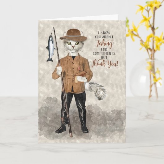 魚釣りおもしろいヒップスター猫ありがとう カード (黄色い花)