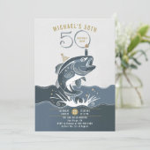 魚釣りおもしろいビッグフィッシュブルーカジュアルメンズ50誕生日 招待状 (スタンド正面)