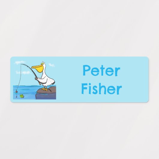 魚釣りおもしろいペリカンパーソナライズされた漫画 ラベル (デザイン2)