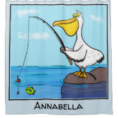 魚釣りおもしろいペリカン漫画 シャワーカーテン (正面)