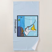 魚釣りおもしろいペリカン漫画 ビーチタオル (正面)