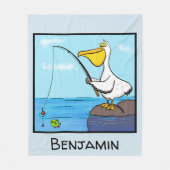 魚釣りおもしろいペリカン漫画 フリースブランケット (正面)