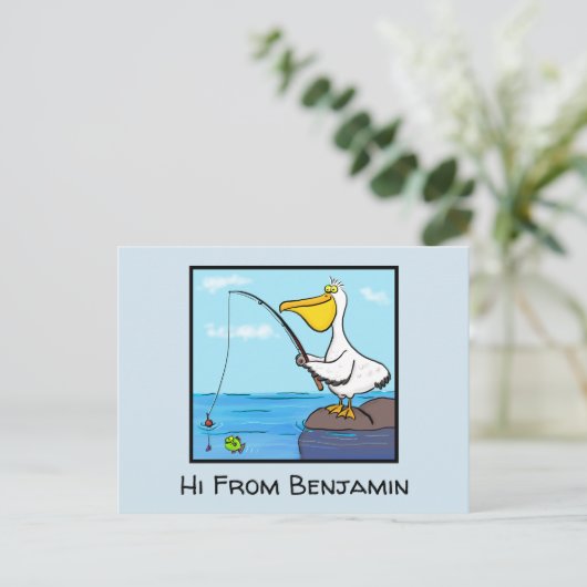 魚釣りおもしろいペリカン漫画 ポストカード (スタンド正面)