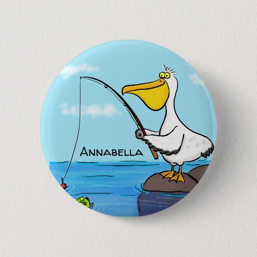 魚釣りおもしろいペリカン漫画 缶バッジ (正面)