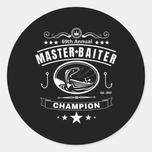 魚釣りおもしろいマスターイターチャンピオンメンズギフト ラウンドシール (正面)