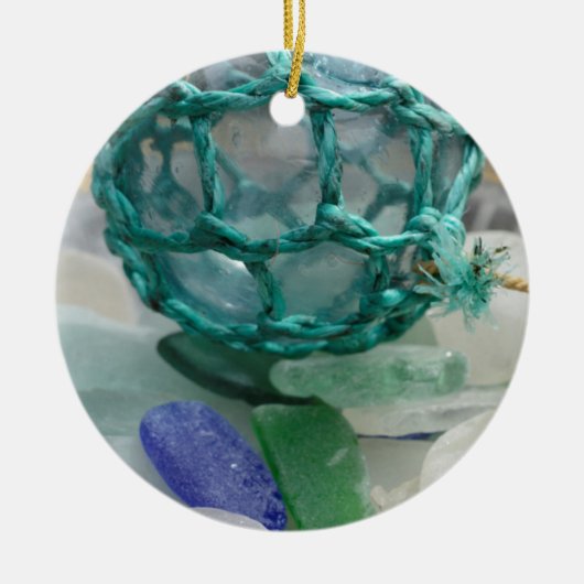 魚釣りがガラスに浮かぶアラスカ セラミックオーナメント (正面)