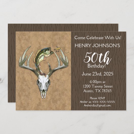 魚釣りと狩りをテーマにした50番目の誕生日の発明 招待状 (正面/裏面)