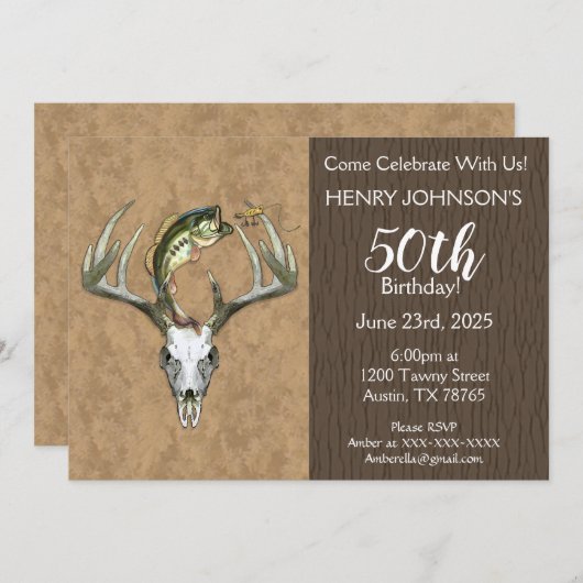 魚釣りと狩りをテーマにした50誕生日 招待状 (正面/裏面)
