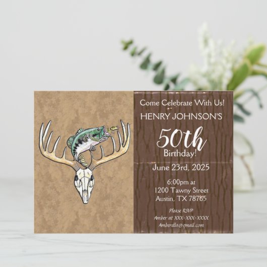 魚釣りと狩りをテーマにした50誕生日 招待状 (スタンド正面)