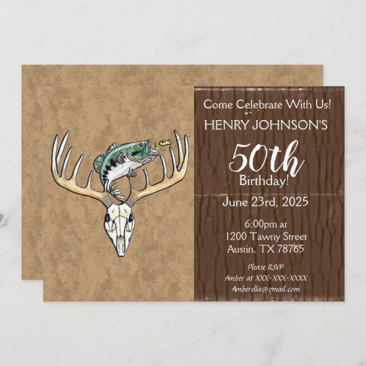 魚釣りと狩りをテーマにした50誕生日 招待状 (正面/裏面)