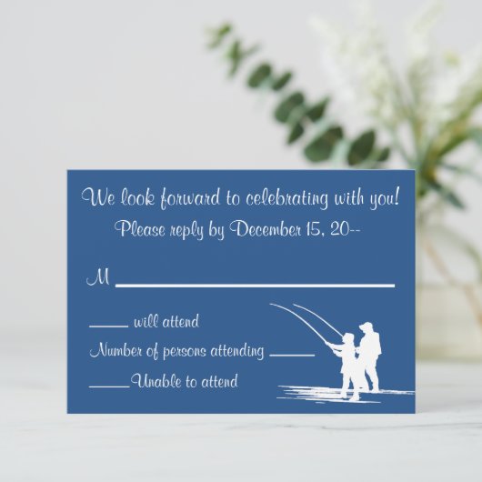 魚釣りのカップルの結婚式招待状の応答RSVPカード 出欠カード (スタンド正面)