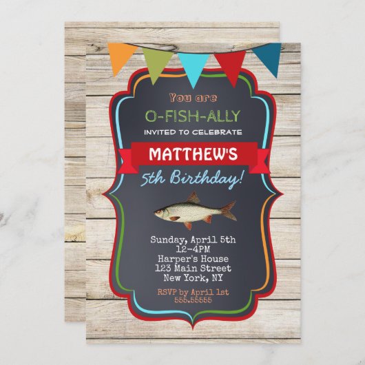 魚釣りのバースデーパーティ招待状 招待状 (正面/裏面)