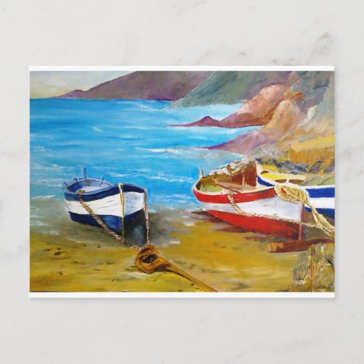 魚釣りの古い列のボート ポストカード (正面)