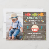 魚釣りの大きな1歳の誕生日の招待でリール 招待状 (正面)