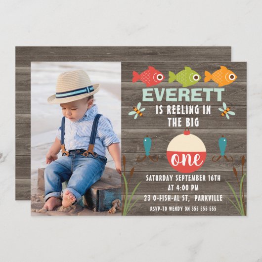 魚釣りの大きな1歳の誕生日の招待でリール 招待状 (正面/裏面)