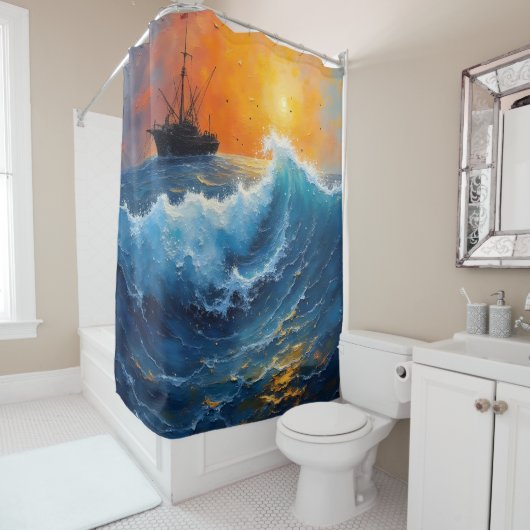 魚釣りの日の出の海 シャワーカーテン (インサイチュ)