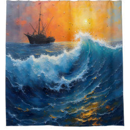 魚釣りの日の出の海 シャワーカーテン