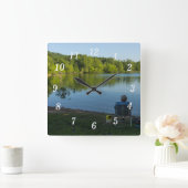 魚釣りの朝の時計 スクエア壁時計 (ホーム)