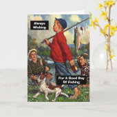 魚釣りの良い日を望む犬との魚釣り カード (黄色い花)