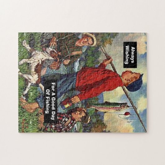 魚釣りの良い日を望む犬との魚釣り ジグソーパズル (横)