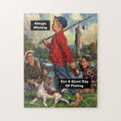 魚釣りの良い日を望む犬との魚釣り ジグソーパズル (縦)