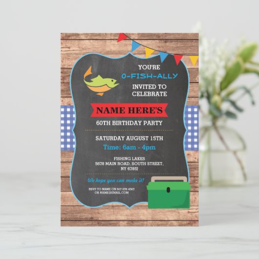 魚釣りの誕生会の素朴な木製の魚60の招待 招待状 (スタンド正面)