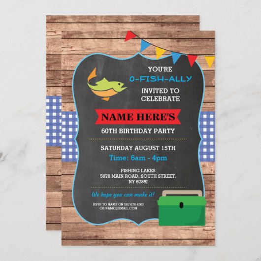 魚釣りの誕生会の素朴な木製の魚60の招待 招待状 (正面/裏面)